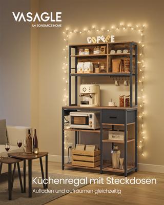 Keukenrek met Stekkerdoos, Koffiebar met Verstelbare Planken, Stoffen Lade, 12 Haken, 40 x 100 x 180,2 cm, Magnetronstandaard