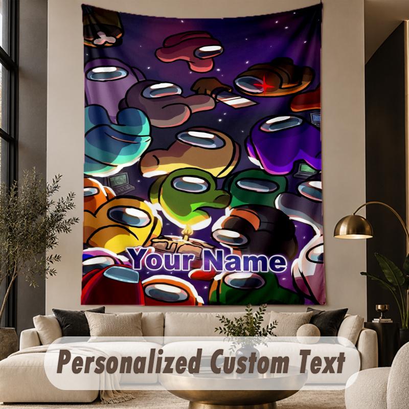 Custom Text Printed Tapestry Among Us Pattern Large Wall Hanging Indoor Room Decor