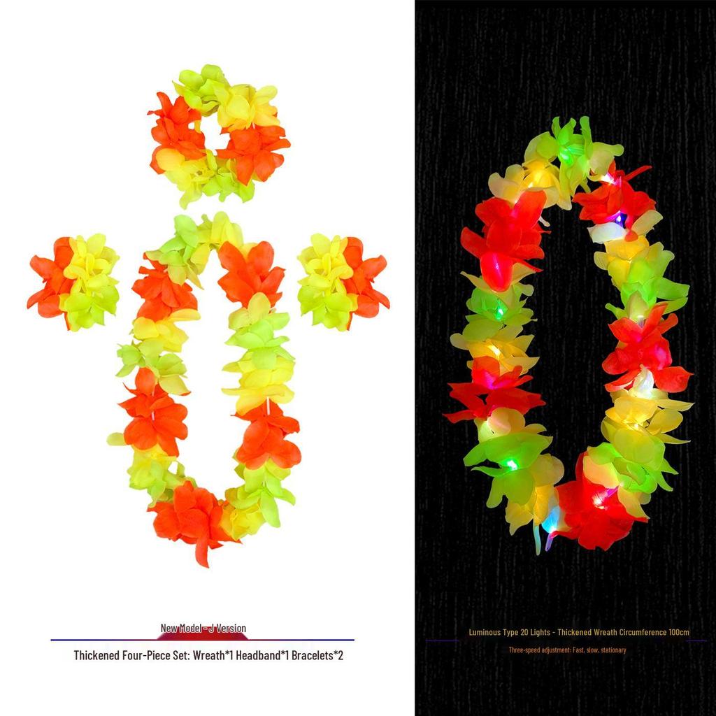 Hawaiian Luminous Flower Garland & Hula Skirt Set - Summer Costume Accessories for Annual Stage Events