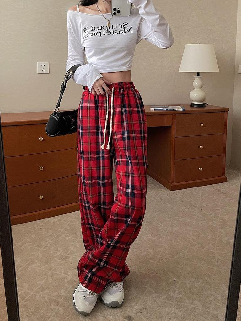 American Retro Red Plaid High Waist Wide-Leg Pants for Women - Autumn/Winter Casual Trousers
