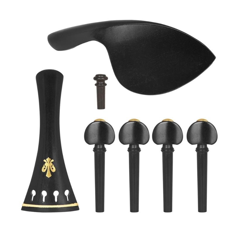 Black Violin Fitting Set with Tailpiece Part Endpin and Chinrest Piece, Replacement Hardware Set Wood Texture for Practice Use and Instrument Refresh