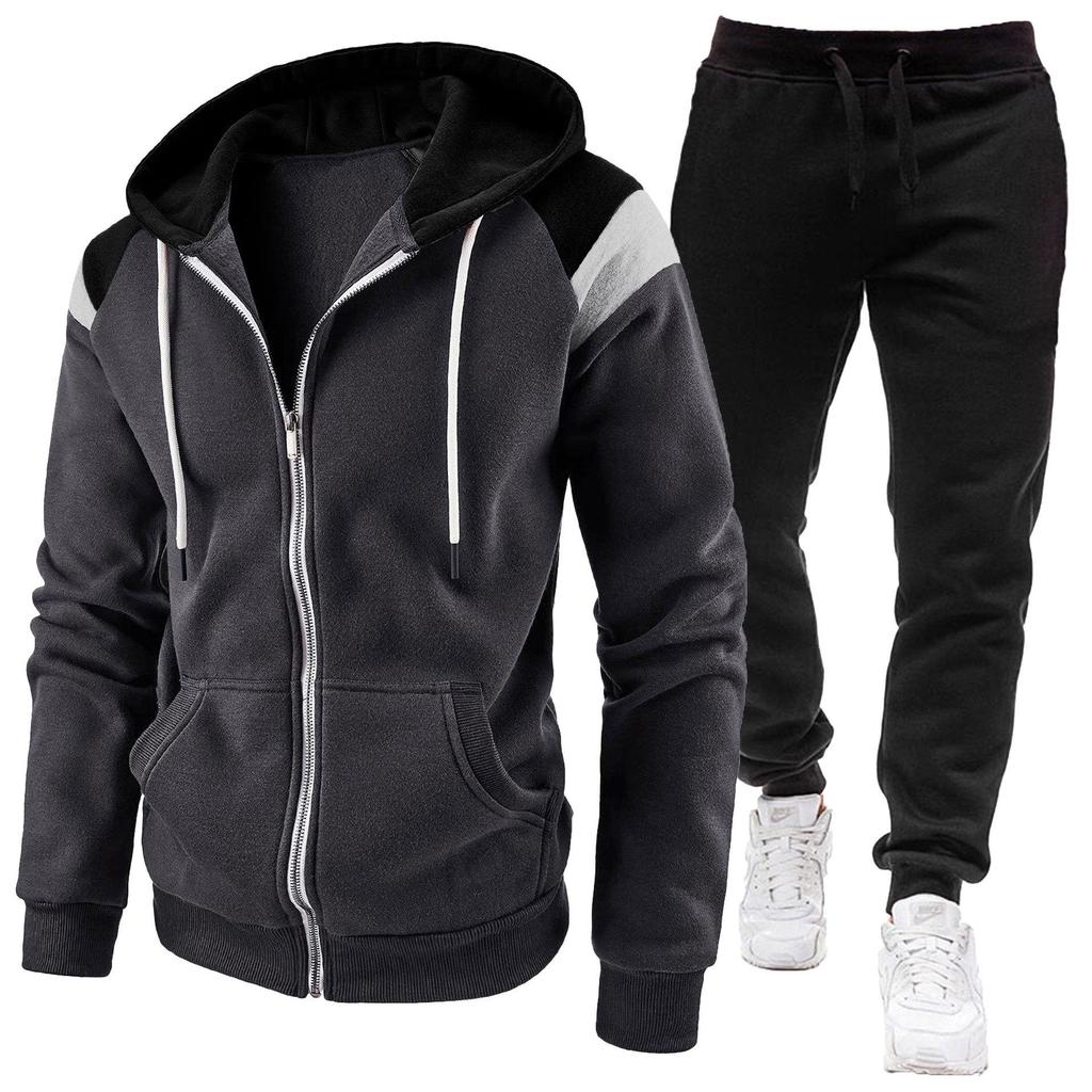 Men's Color Block Hooded Sweatshirt and Casual Sports Set