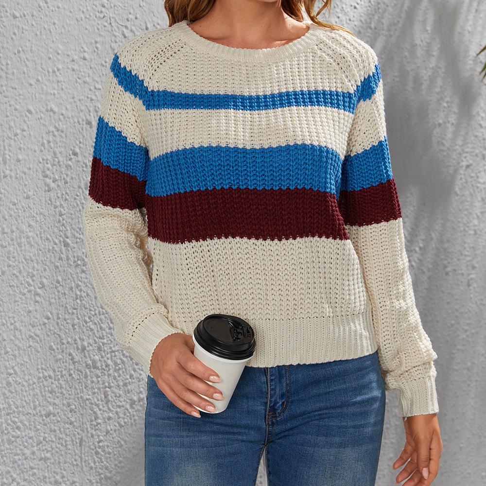 Spring Summer Colour Blocked Patchwork Knitted Pullover Round Neck Long Sleeved Women's Slim Fit Luxurious Relaxed-fit Slimming and Versatile Top