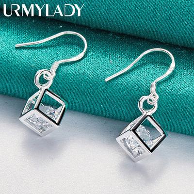 925 Sterling Silver Hollow Cube Square Zircon Earrings for Women Charm Fashion Jewelry