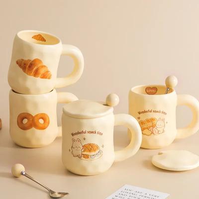 1pc 480ml Ceramic Mug with Spoon and Lid Cute Ceramic Coffee Milk Cup Kitchenware Gift for Girls Microwavable Office Cup