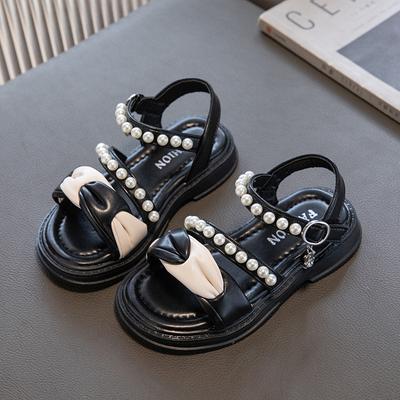 Children Sandals for Girls Kids Fashion Pleated with Pearls Open-toe Versatile Flat Non-slip Princess Shoes Casual 2024 Summer