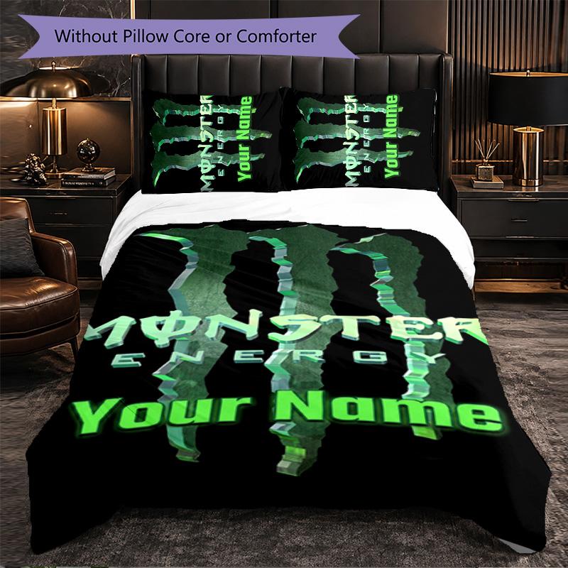 Monster Energy Customized Name Text Bedding Set, 1 Duvet Cover & 2 Pillowcases Personalized Bedroom Gift