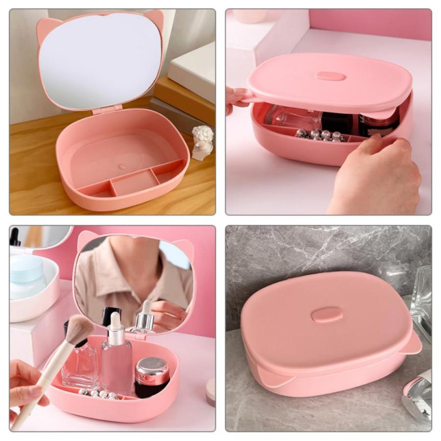Toaletní zásobníky se zrcátkem, skládací zrcátko na make-up s organizací úložiště, stolní kosmetické zrcátko s úložným pouzdrem