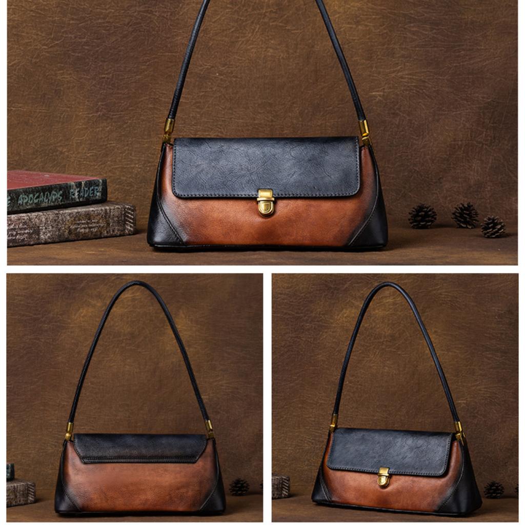 Underarm Baotou Layer Leather Countercolor Handbag Retro Simple Baguette Bag Retro Women's Bag