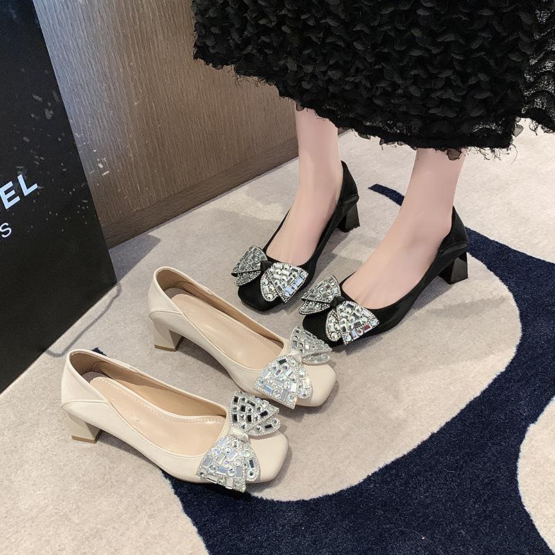 2024 summer new British style round head rhinestone bow fashion light mouth thick heel fashion single shoes spot