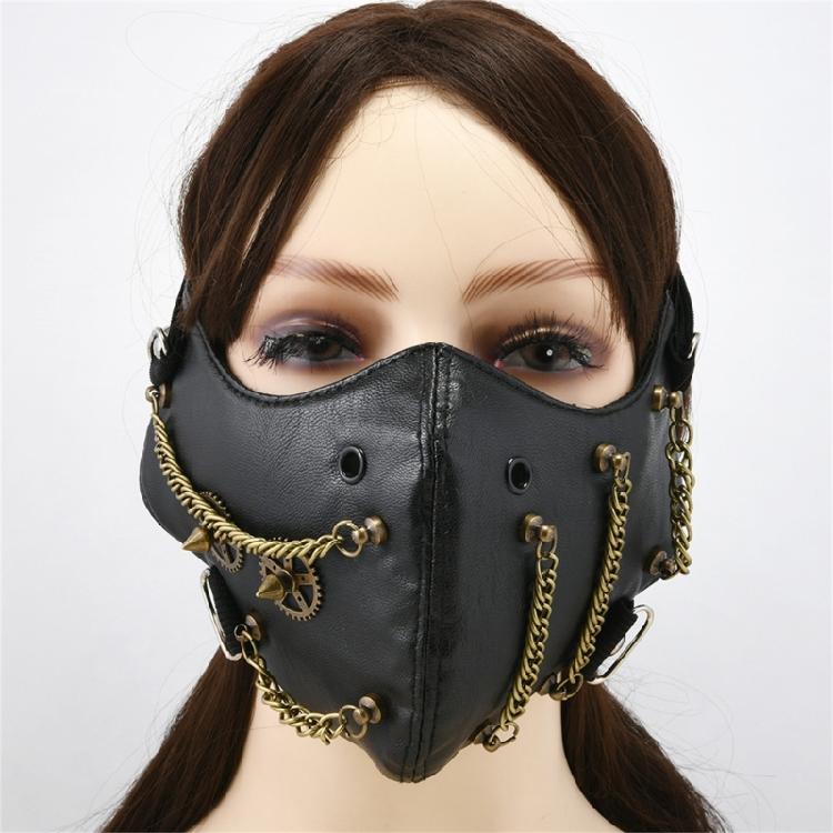 Punk Rock Halloween Accessory With Alloy Rivet Chain And Soft PU Leather Face Covering Costume Face Mask For Cosplayers