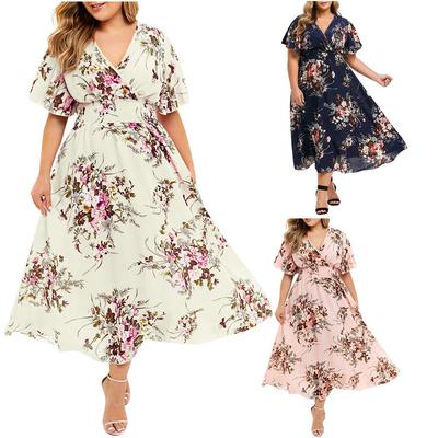 Plus Size Fashion Women Floral Printed V-Neck  Short Sleeve Casual Dress