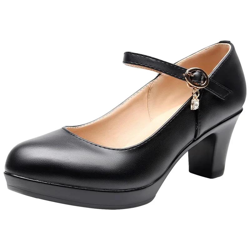 6 8 11 13cm Small Size 32-43 Comfortable Soft Leather Shoes Mary Janes 2025 Womens Block High Heels Shoes Dress Office Model Mom