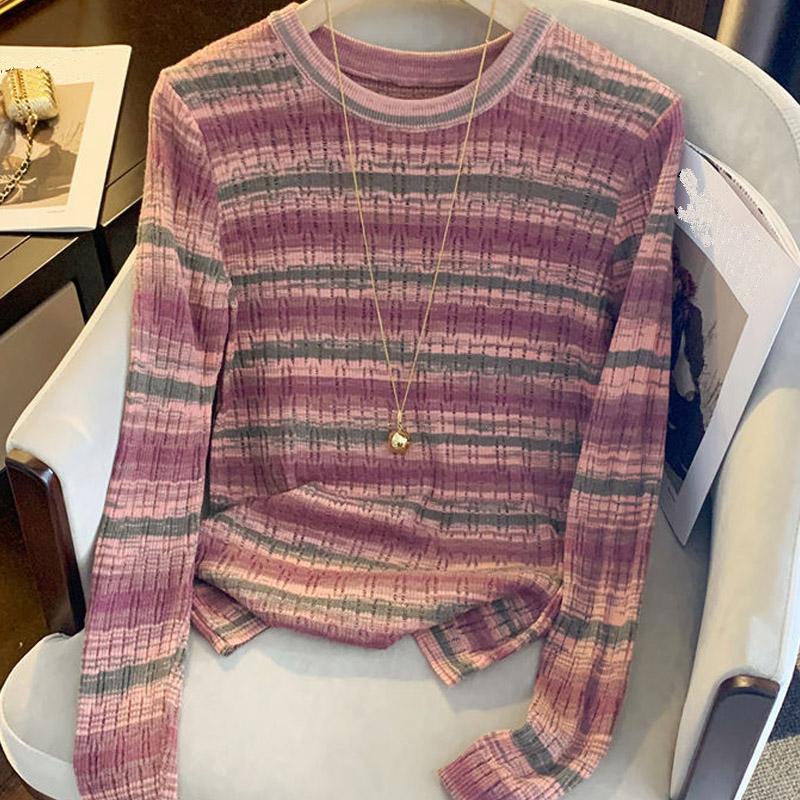 Женские свитера, пуловеры 2025 Осень-Зима Длинный рукав О-образный вырез Полосатый вязаный свитер Женские топы Пуловер JJ124 One Size розовый