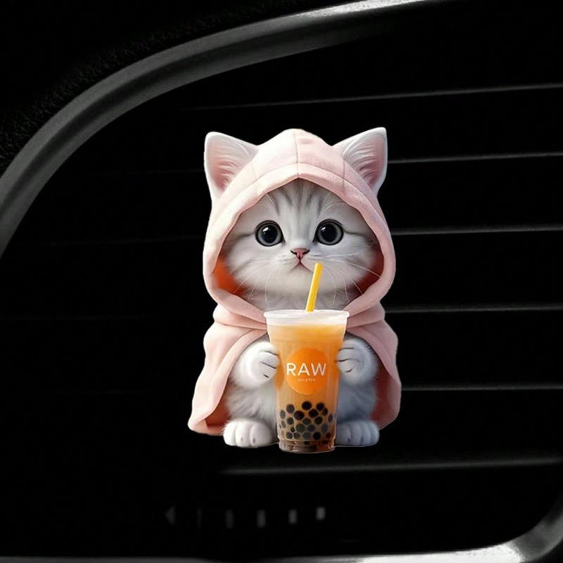 Acrylic Cat & Boba Tea Aromatherapy Car Vent Clip Set (2-Piece, Mixed Colors)