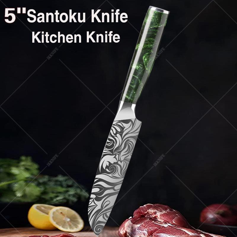 

Нож Santok с зеленой ручкой из смолы, нержавеющая сталь, лазерный узор, высококачественный бытовой кухонный слайсер 1 pcs зелёный
