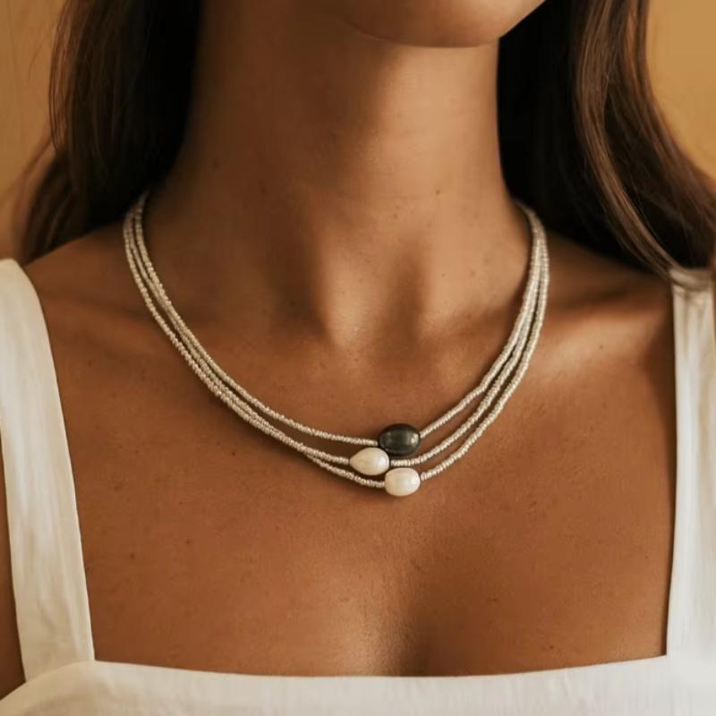 Bohemian Ethnic Style Bead Imitation Pearl Necklace, Women's Multi-layer Layered Design Retro Trendy Accessory Jewelry