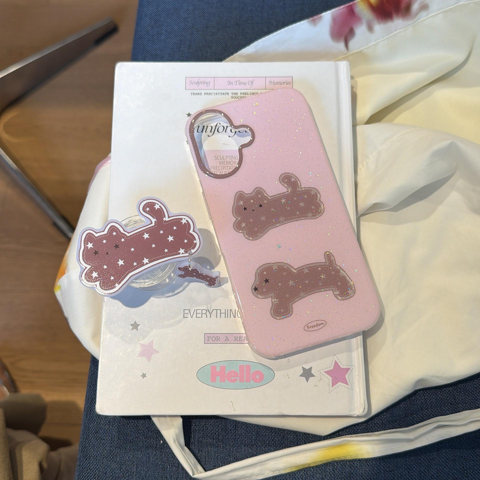 

Pink Glitter Stars Puppy Cat Stand Case for Apple 16/17 Pro Max iPhone14 Pro Max