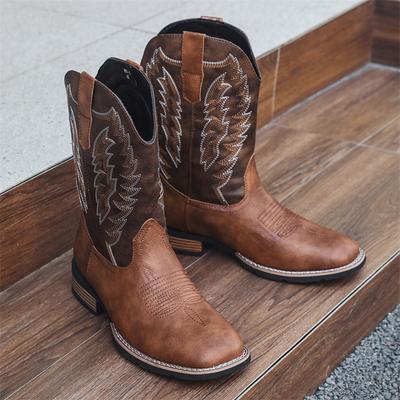 Men's Classic Retro Western Cowboy Boots Mens Fashion Embroidery Mid-Calf Leather Boot High-top Casual Shoes for Men