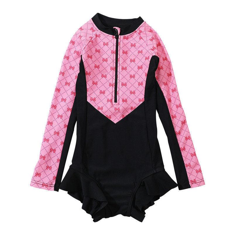 Girls Summer Long Sleeve One Piece Swimsuit Stylish Patchwork UV Protection Swimwear For Kids 120