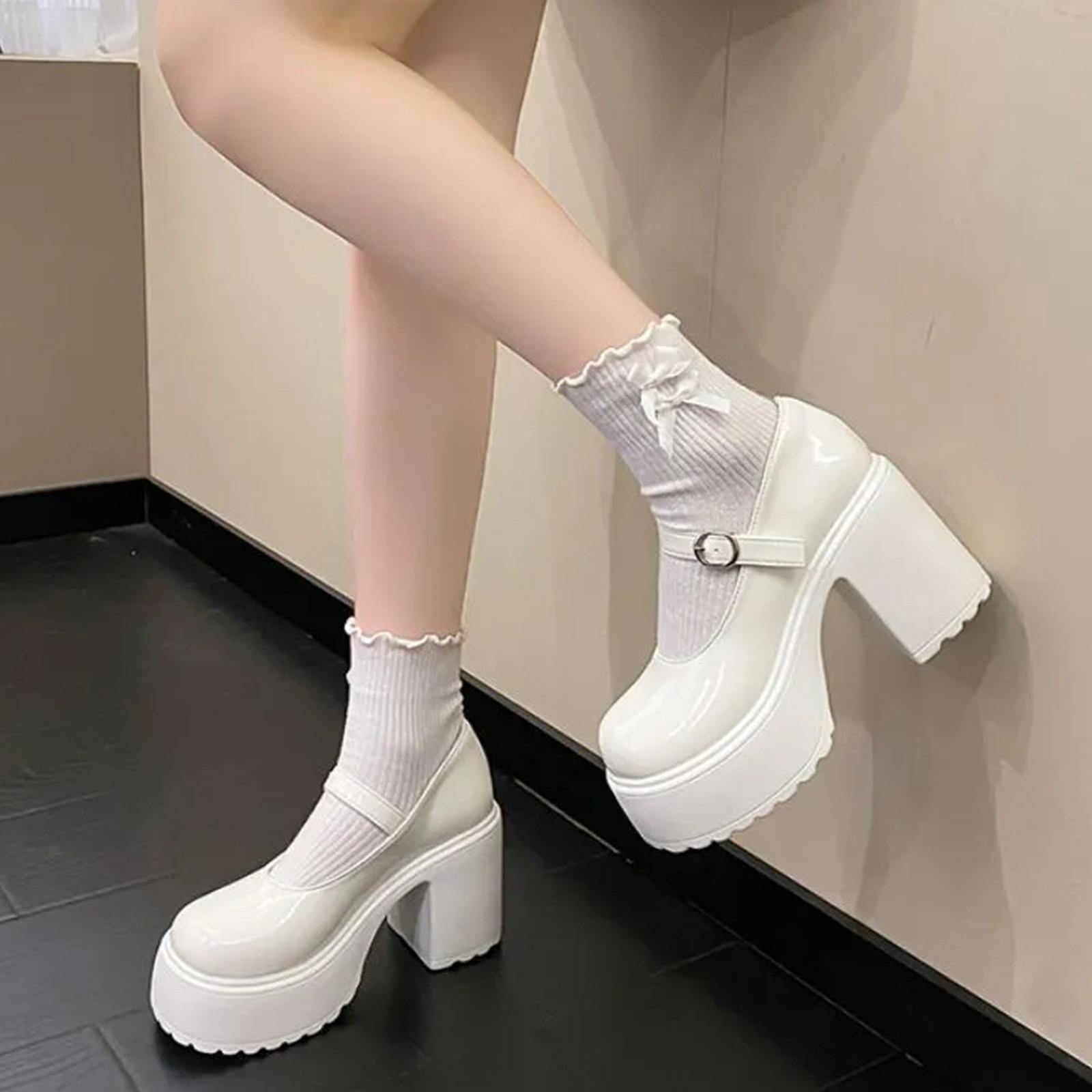 

Женщины на толстых и высоких каблуках, весенне-осенние пуговицы с острым носком и стразами, в сочетании с юбкой и туфлями на среднем каблуке 37 белый