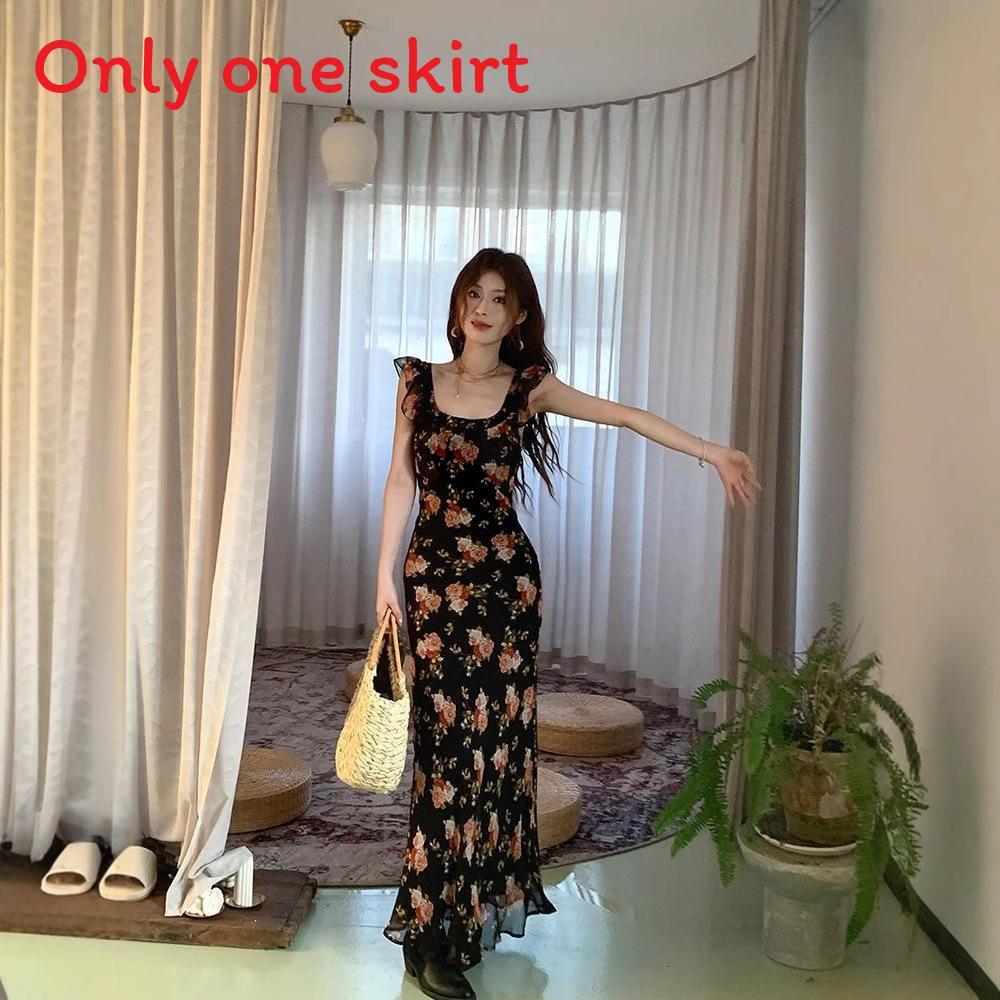 Plaj Tatili İçin U Yaka Kolsuz Çiçek Baskılı Balık Kuyruğu Elbise Kadın Moda