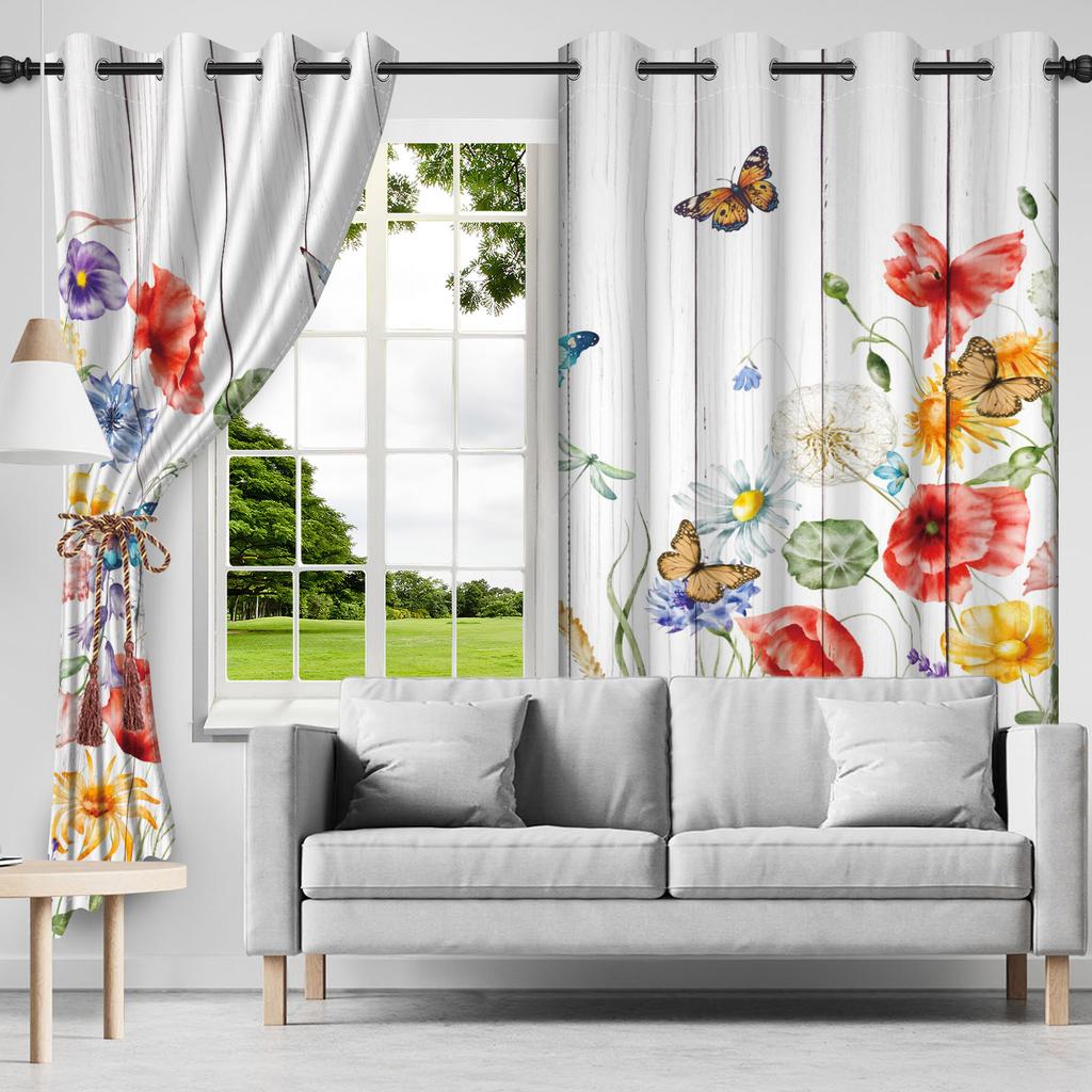 Butterfly Flowers Plants Blackout Curtain for Bedroom Living Room Cafe Apartment Window Kid's Room Hanging Drapes Polyester 2Pcs