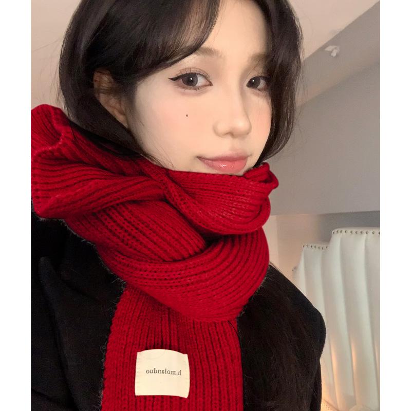 Scarf women's winter high-end red New Year's gift to keep warm and thickened student couple wool knitted scarf tide