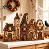 Halloween Wooden House Decorations Retro Haunted Village Tabletop Decor Fall Farmhouse Witch Distressed Wood Crafts Ornament Ghost Town Centerpiece
