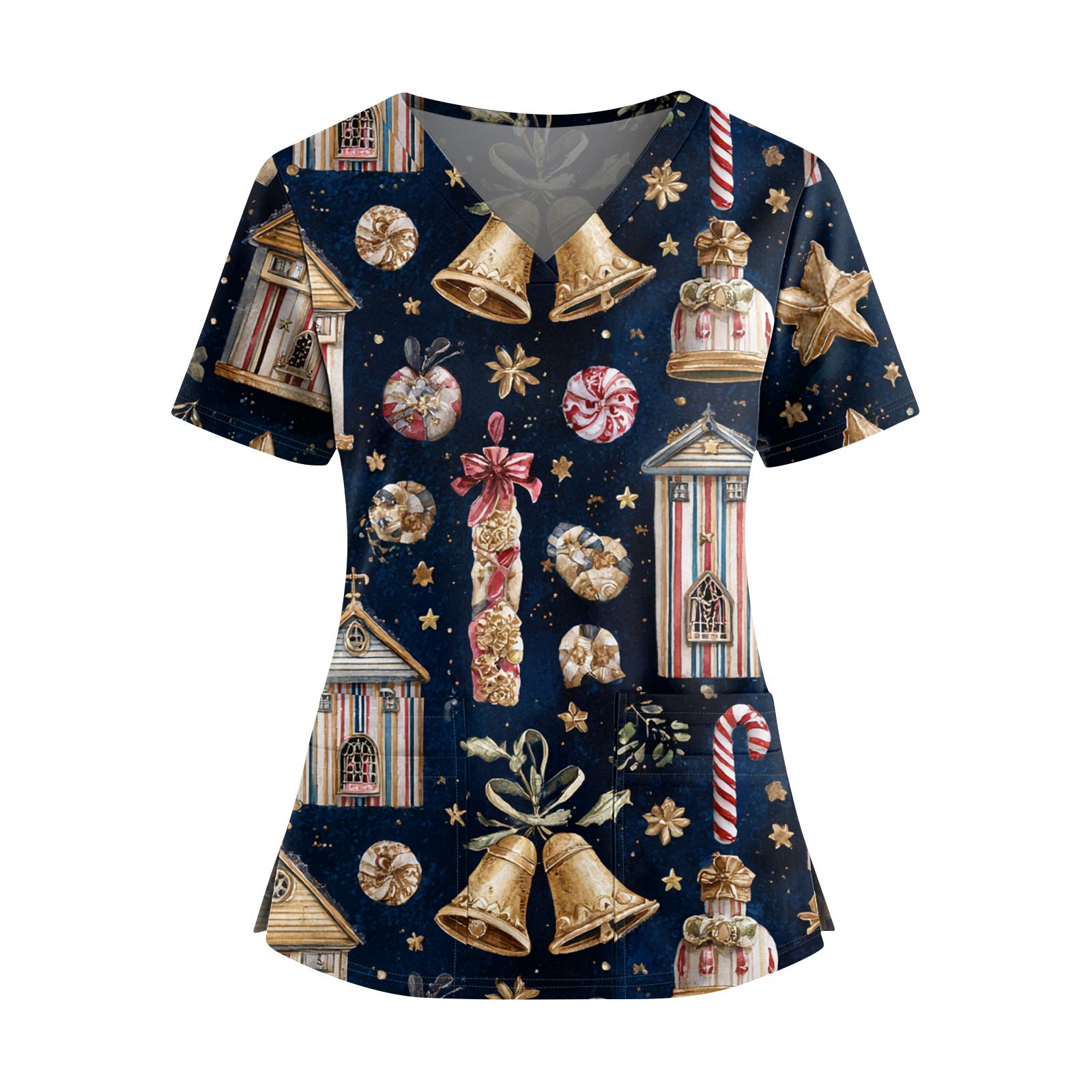 

Женский топ с рождественским принтом, V-образным вырезом, двумя карманами, короткими рукавами, разрезом по подолу, униформа и одежда для ухода XXXXXL тёмно-синий
