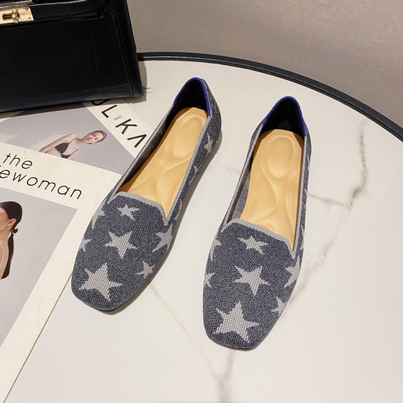 New spring and autumn flying woven single shoes Doudou woven flat bottom square head women's ladyshoes