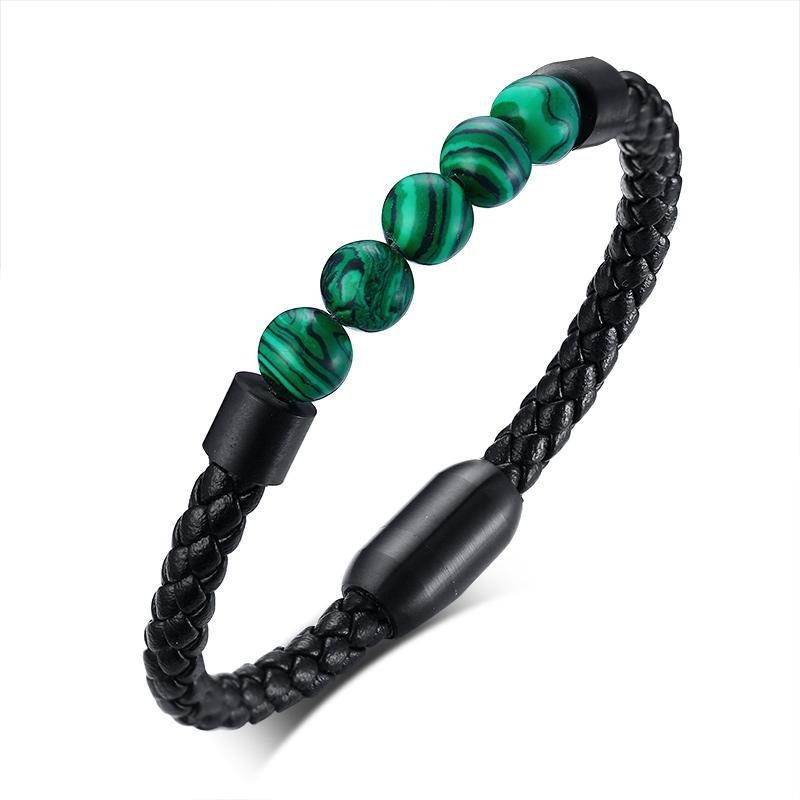 Titanium Steel Man Chakra Jewelry Wholesale Stainless Steel Men's Black Leather Volcanic Beaded Braclets Stone Leather Bracelets