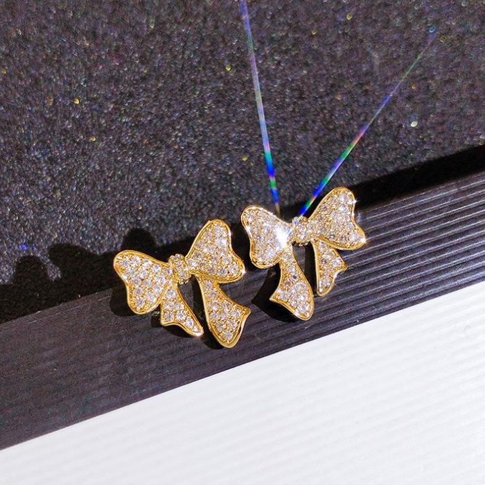 Full Diamond Bow Earrings Tide Super Fairy Temperament Muse Fan Earrings Simple Spring And Summer Earrings