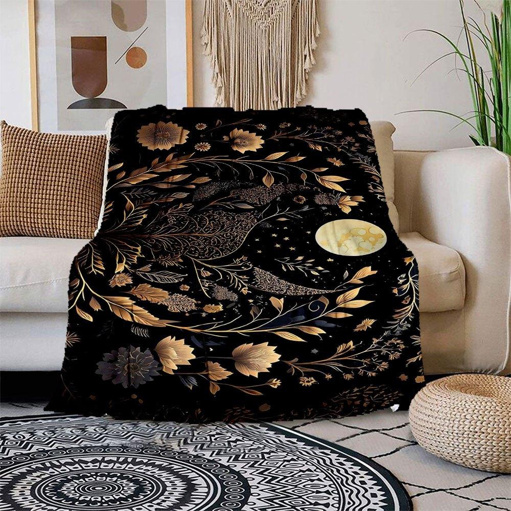 

Golden Floral Night Sky Wall Art PrintBlanket Flannel Throw Blanket for Sofa, Bed, Travel, Camping, Office, Couch, Chair, And Bed Gift for C 150x180cm