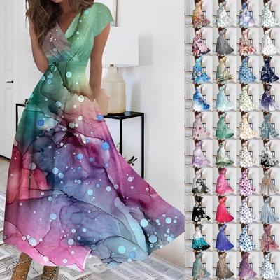 Robe Longue pour Femmes Robe Maxi Robe décontractée Robes en Mousseline de Soie Robe trapèze Couleur Unie décontractée Mature extérieur Quotidien Rendez-vous à Volants Manches Courtes Robe col en V