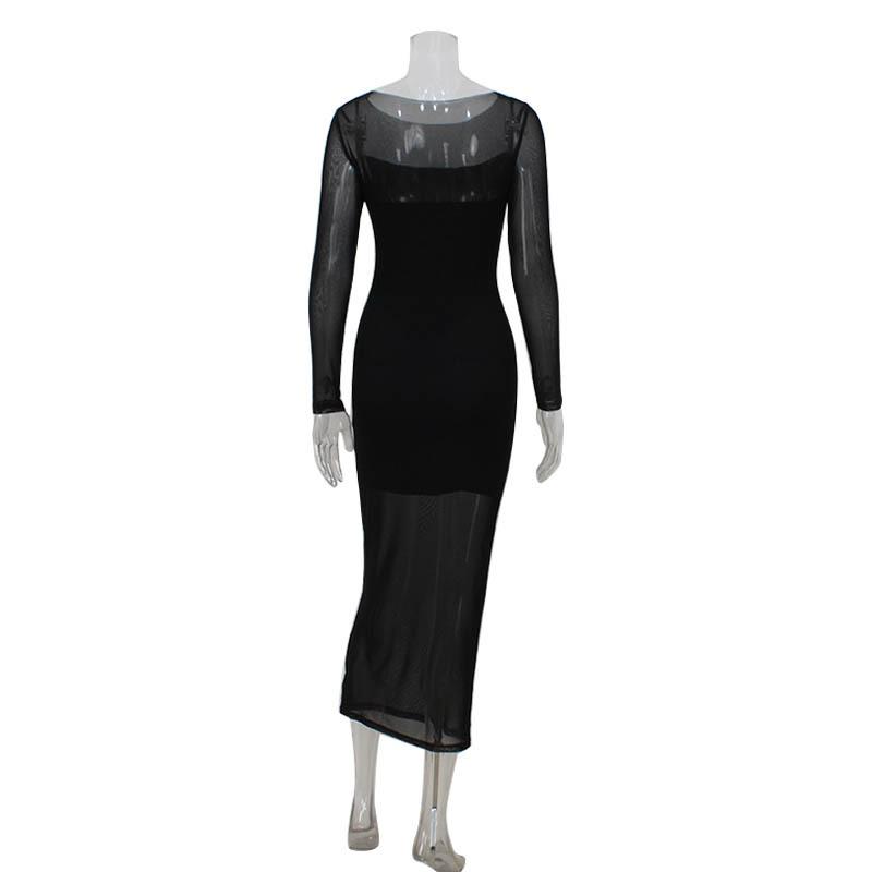 European and American Women's Clothing Round Neck Long Sleeves Slim Body Dress Sexy Mesh Stitching Temperament Red Carpet Dress