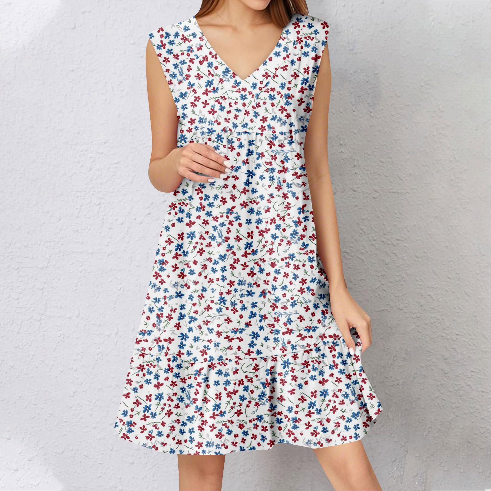 

Womens Summer Dress Sleeveless V Neck Printing Short Dresses Fashion Casual Flowy Boho Ruffle A Line Swing Sundress L