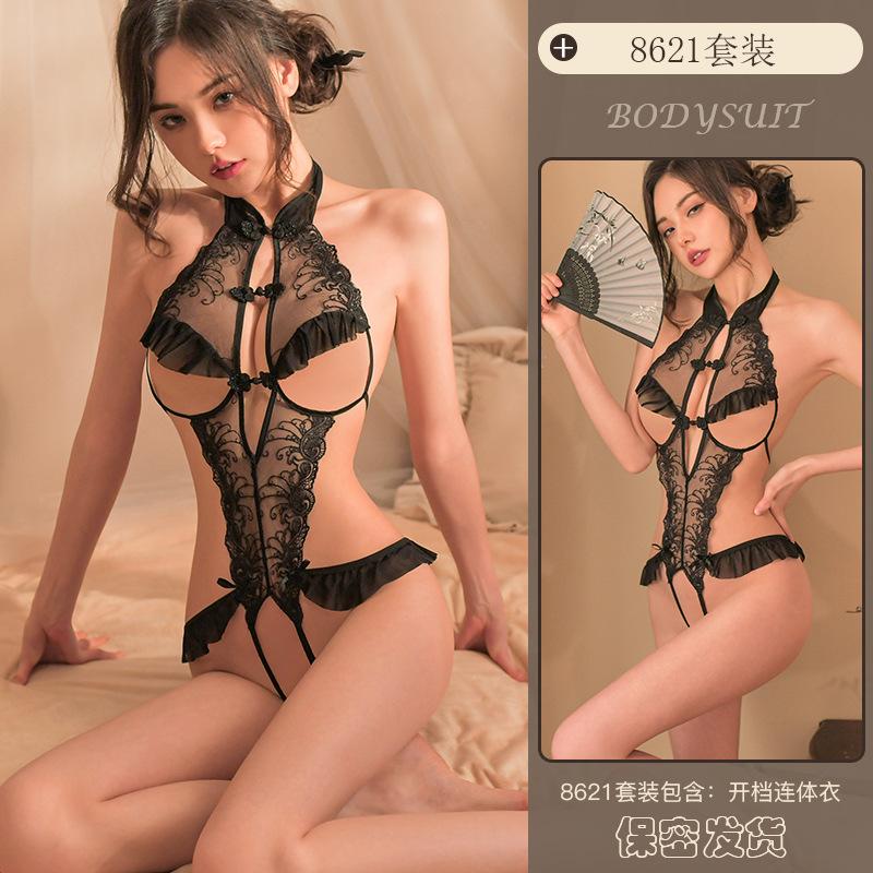 Erotic Underwear, Sexy Ancient-style Cheongsam Jumpsuit, Women's Lace Seductive, Cut-out Pajamas, Open Uniform 8621