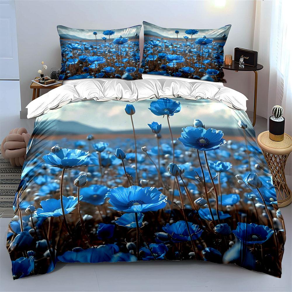 Blue Floral Three-Piece Set Soft Comfortable Duvet Cover Bedding Set Included 1*Duvet Cover & 2*Pillowcases, Gift