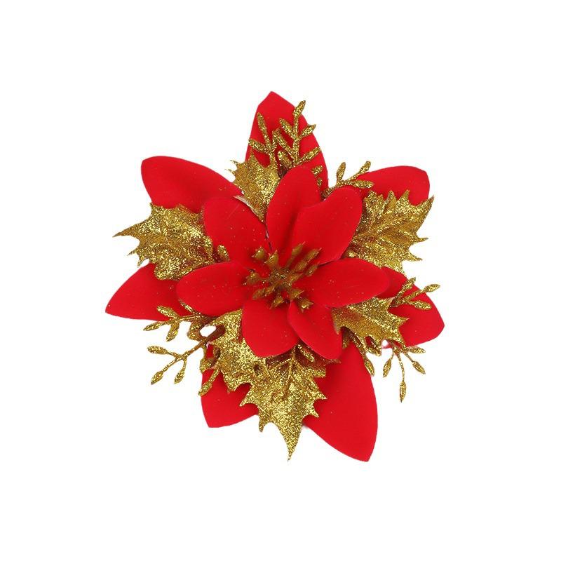 Red Christmas Flower Decoration with Clip and Gold Glitter for Wreaths and Weddings