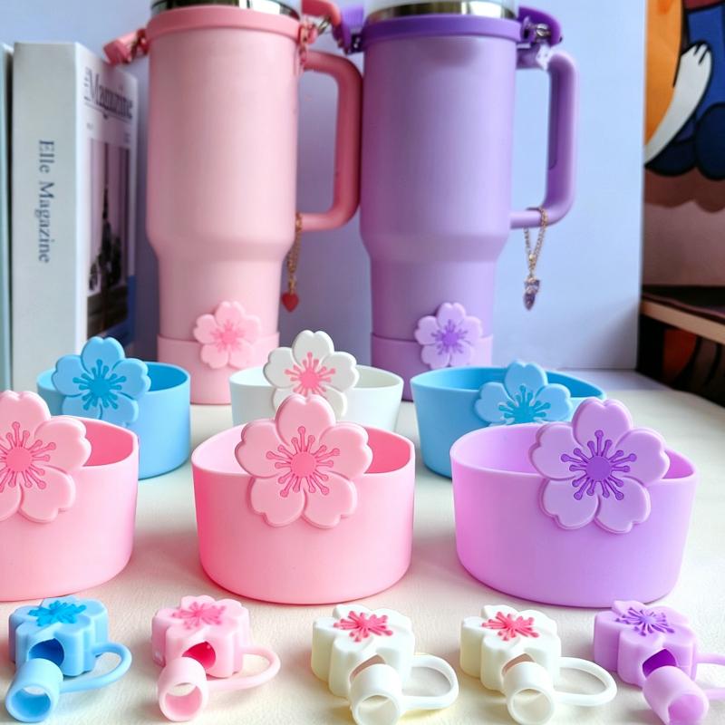Tumbler Straw Cover & Water Bottle Silicone Boot & Tumbler Charm Set, Begonia Shape Straws Lid Cap And Tumbler Charm Pendant