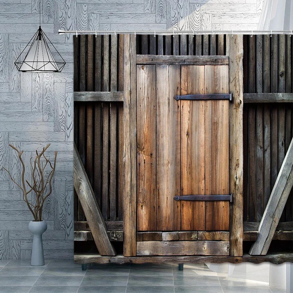 Old Wooden Door Shower Curtain Farm Barn Door Rural FarmHouse Decoration Polyester Fabric Bath Curtain Bathroom Accessories Set