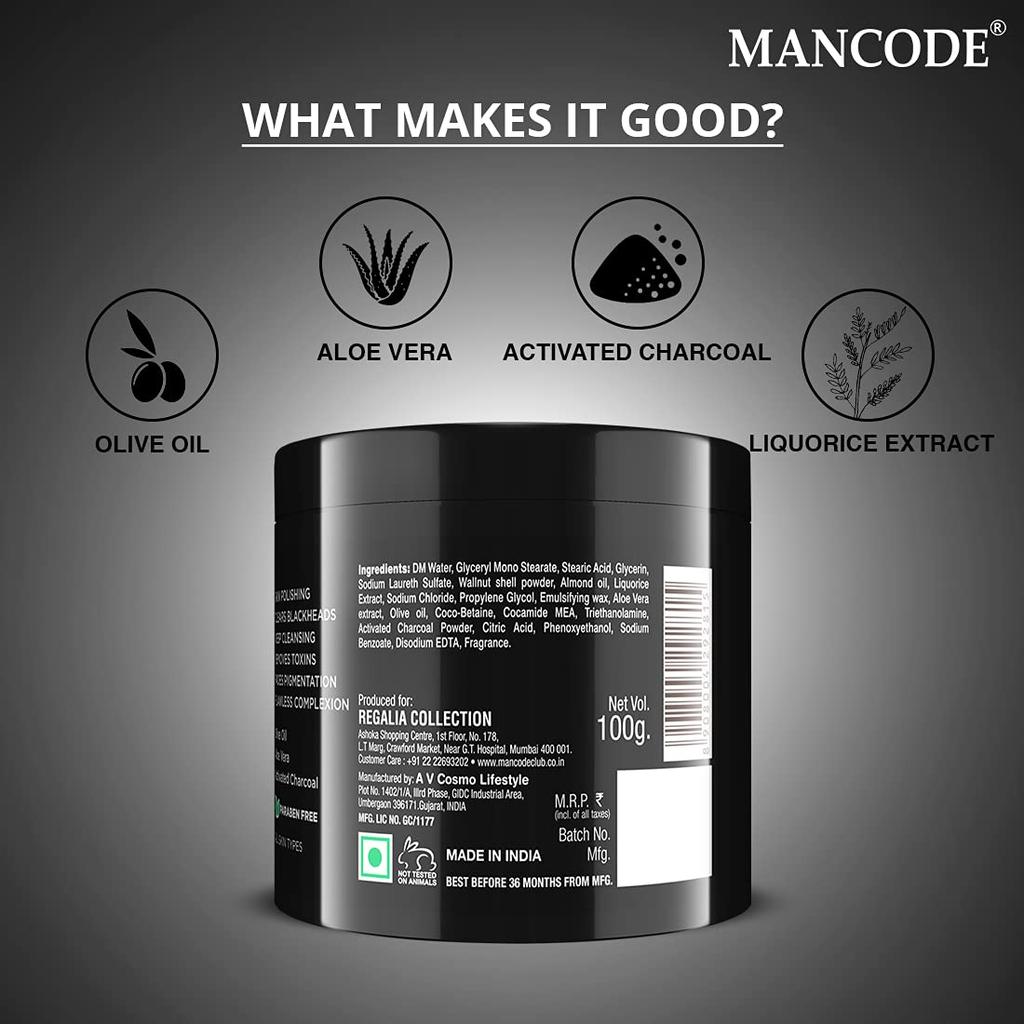 Man Code Charcoal Scrub For Men Deep Cleansing Gentle Exfoliator Fresh Refreshing Detoxifying Skin Activated Bamboo Charcoal Extract 100 gm (Pack