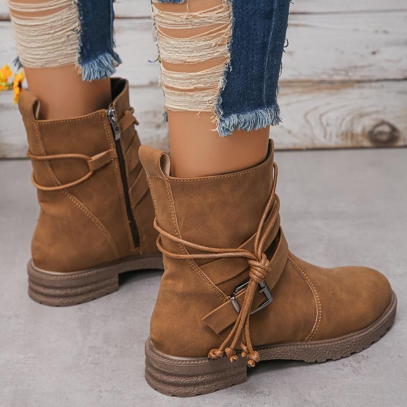 Autumn and Winter New Round Toe Side Zipper Low Heel Plus Size Short Boots, Flat Bottom, Belt Buckle, Suede Midsole Boots