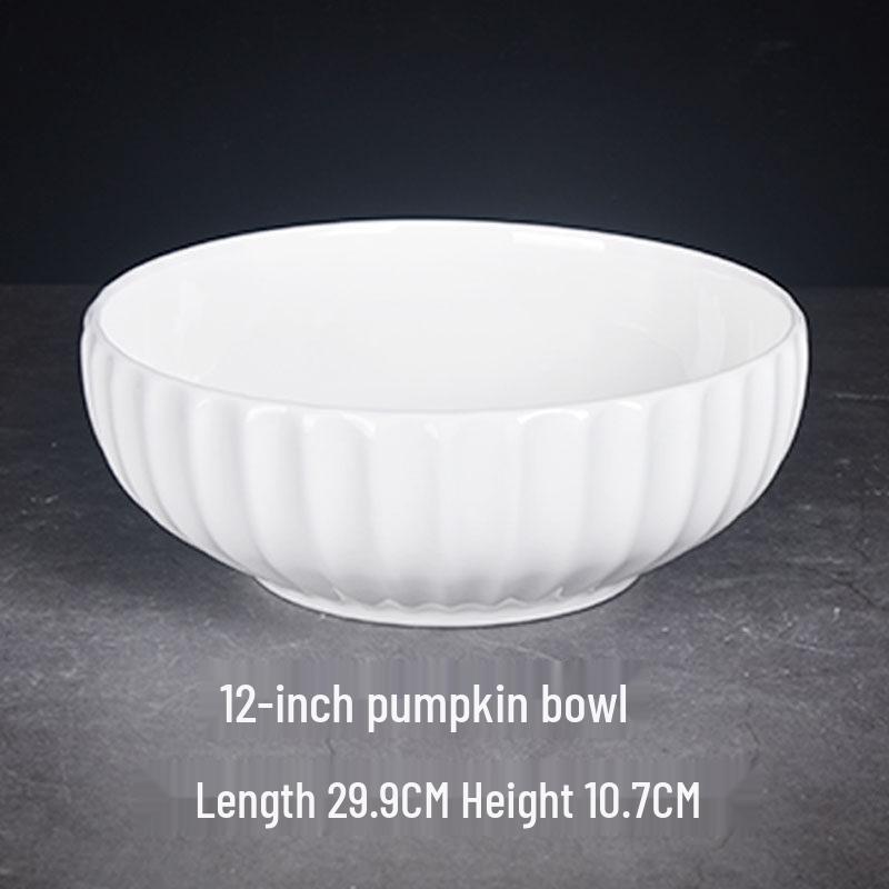 Large White Ceramic Bowl - Creative Pumpkin Design for Soup, Noodles, Kimchi, Ramen, and More. Ideal for Home Tableware in Chinese Style.