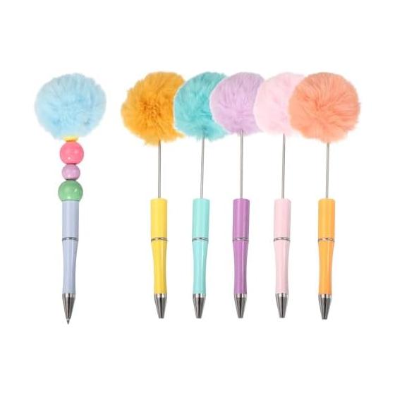 PATIKIL Fluffy Pom Pom Pens, Cute Beaded Pens for DIY Gifts, Stationery Set of 6, Light Pink, Orange, Yellow, Light Blue, Blue, Purple, Plating