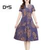 Women Summer Dress V Neck Long Sleeve Chinese Style Short Sleeves Printed A Line Pleated Pockets Knee Length Mid Aged Women Mother Midi Dress
