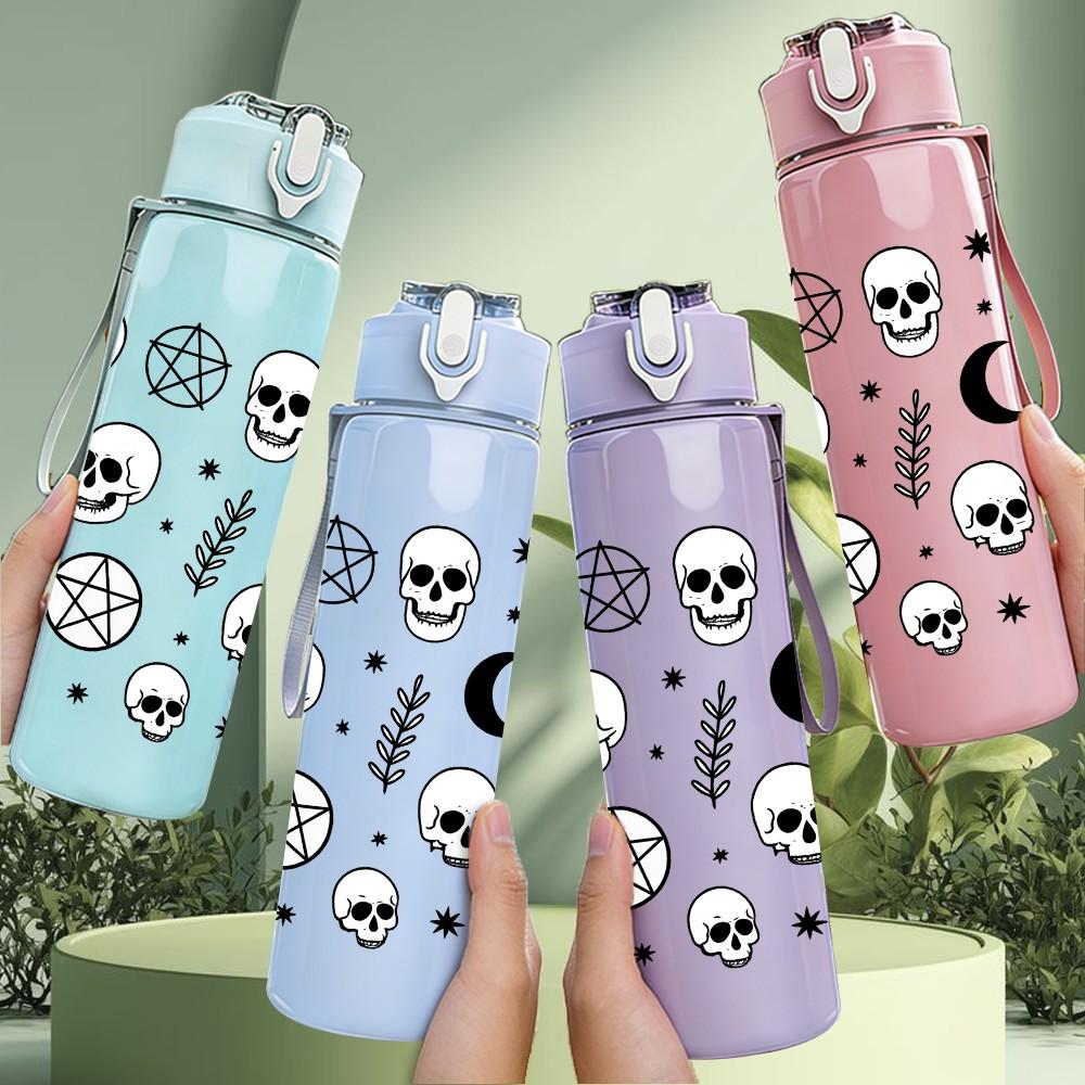 1PC Skull Moon Witch Pattern 750ml Color Plastic Sports Water Bottle Leakproof Flip Straw Lid Suitable for Sports Office Home Use