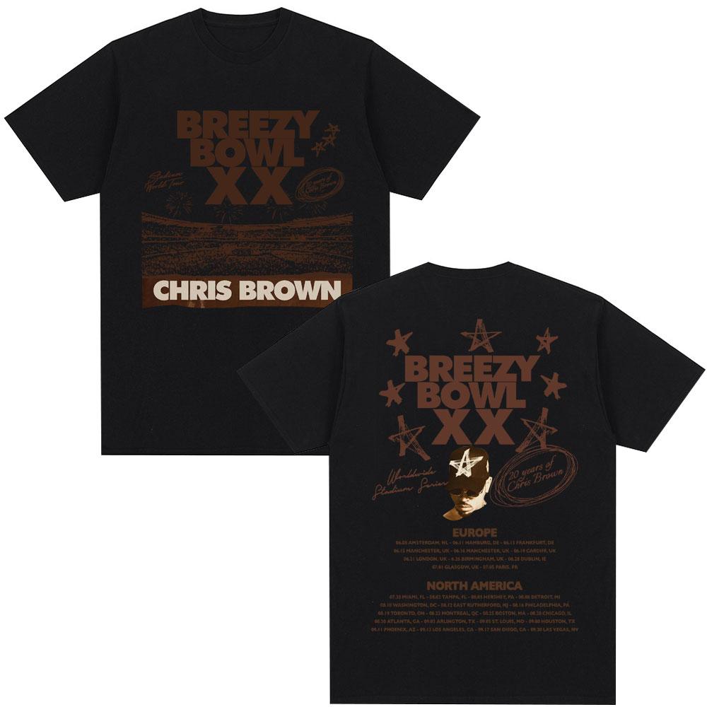 Rapper Chris Brown Breezy Bowl XX Tour 2025 T Shirt Men's Hip Hop Retro Short Sleeve Oversized Cotton Casual T-shirt Streetwear