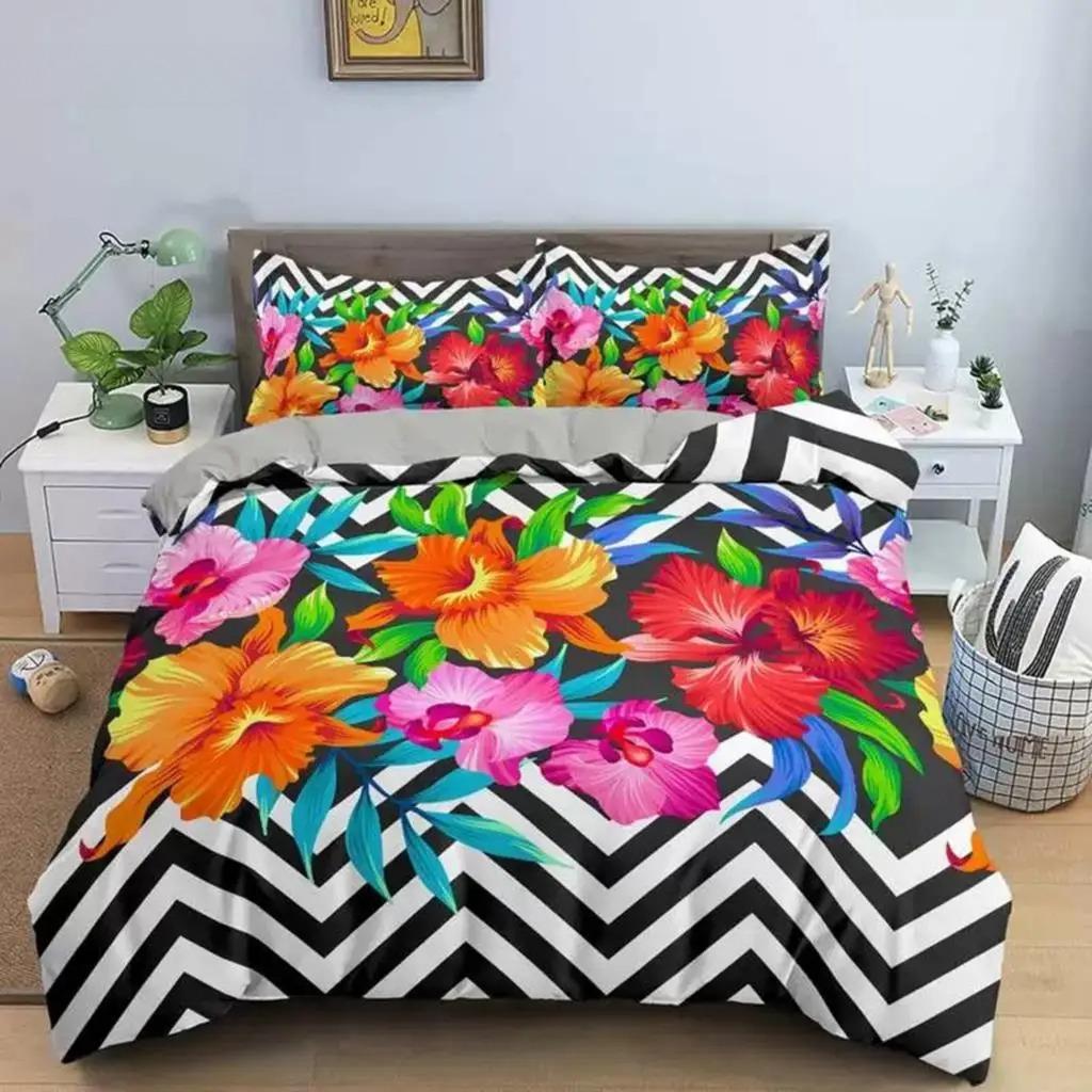 3D Design Flowers Duvet Cover Sets Bed Linens Bedding Set Quilt/Comforter Covers Pillowcases 240x220 Size Black Home Texitle